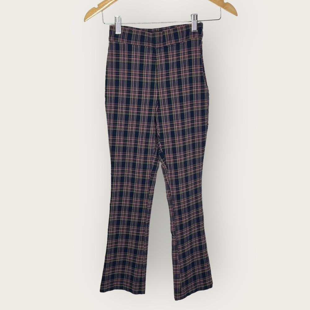 Urban Outfitters Lola Plaid Kick Flare Pant Size 0 Navy Pink Indie Sleeze Grunge